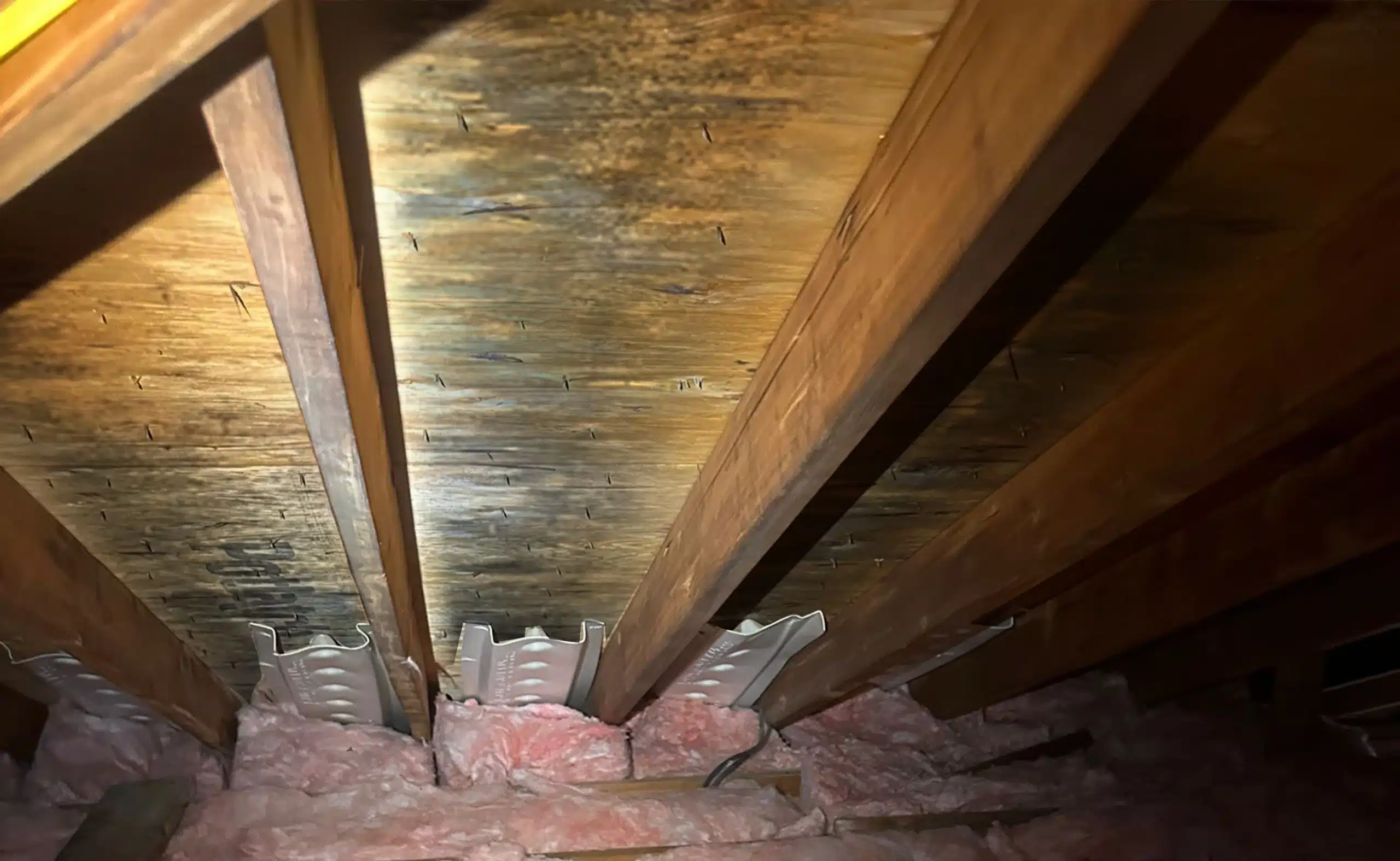 Attic mold before remediation — dark mold stains on roof sheathing